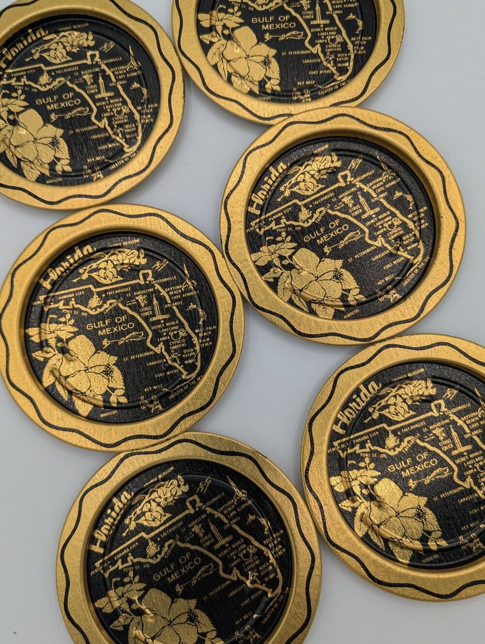 6 Vintage Black Gold Florida Map Souvenir Tin Drink Coasters MCM Mid Century